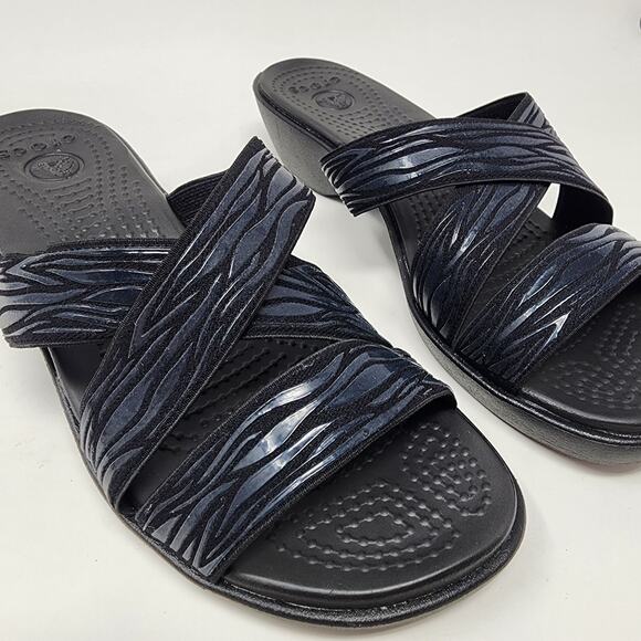 Crocs Sandals Women 8 Molalla II Black Rubber Animal Print Criss Cross Wedge - Picture 8 of 10